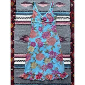 Y2K Vintage California Concepts Tropical Floral Aqua Midi Dress Ruffle Hem Sz S